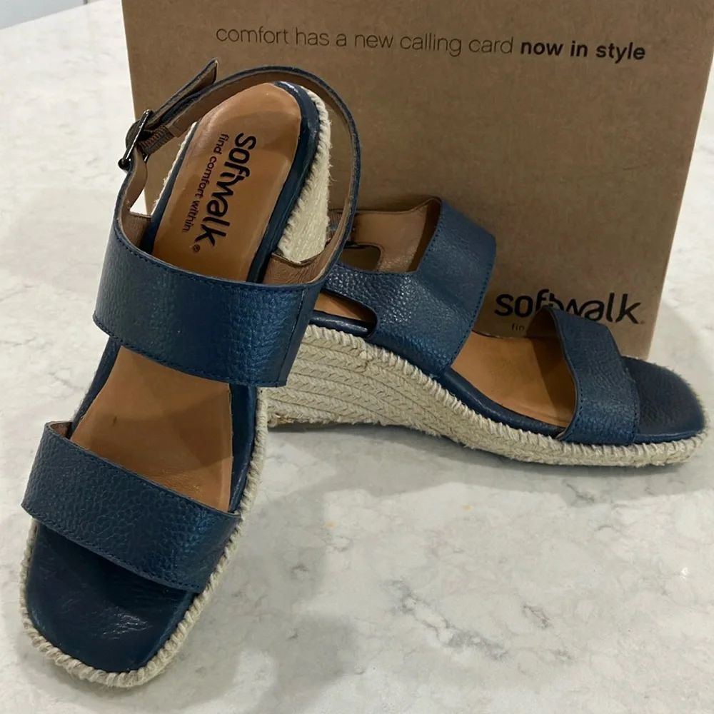 Softwalk Hartley Navy Leather Wedge‎ Espadrille Sandals W/Box Sz 7.5- EUC - Picture 3 of 15